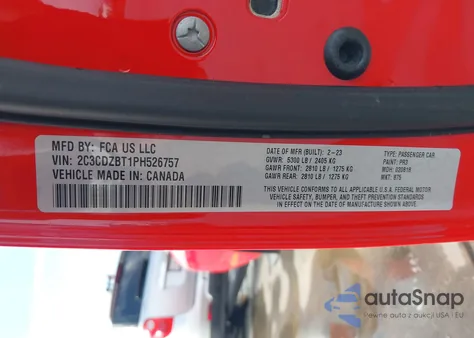 2023 Dodge Challenger R/T из США, поврежденный, VIN 2C3CDZBT1PH526757